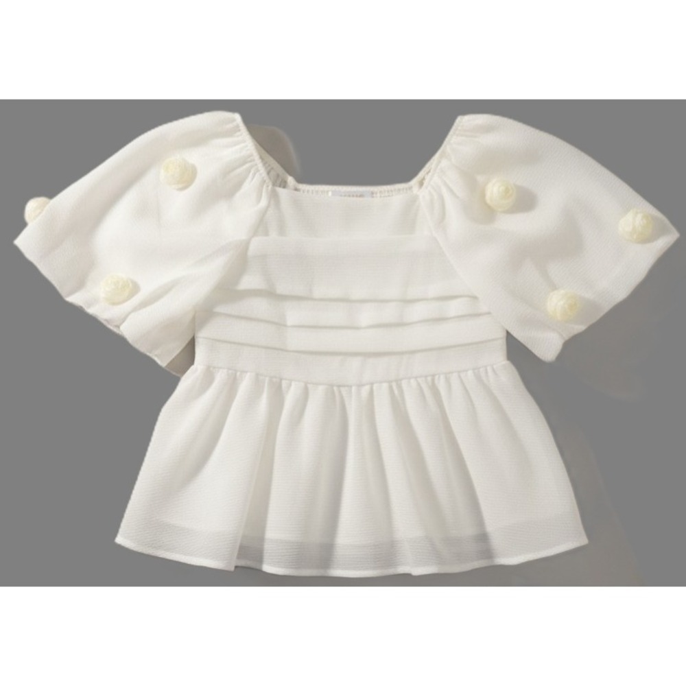 Cocobleu Womens Small White Embellished Rose Puff Sleeve Peplum Blouse Top